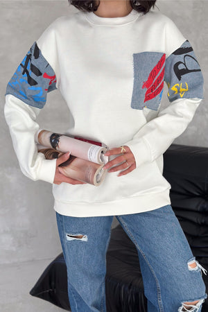 Kadın Kot Detaylı İçi Pamuklu Sweatshirt - Beyaz