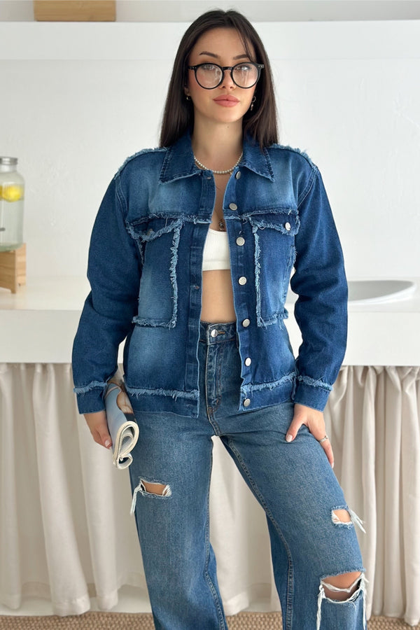 Kadın Saçaklı Dikiş Detaylı Oversize Denim Kot Ceket - Mavi