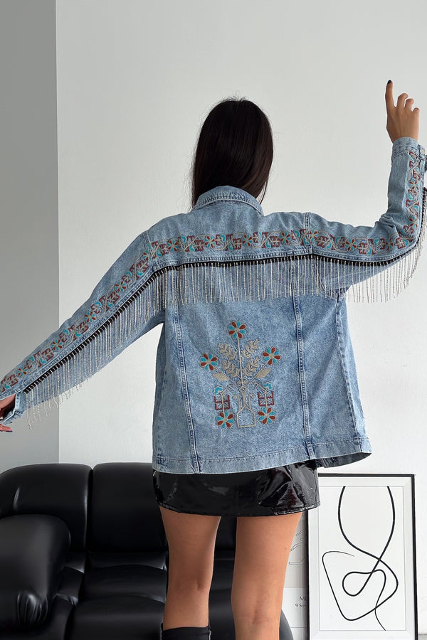 Kadın Çıtçıt Düğmeli Taş Püsküllü Komple Nakış İşlemeli Denim Ceket - Mavi