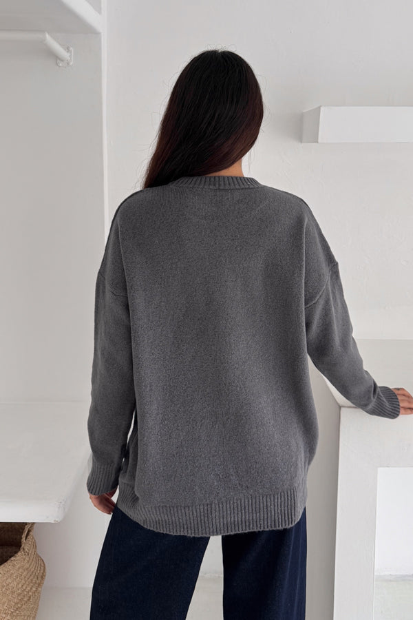 Kadın Standart Beden Oversize Basic Triko Kazak - Füme
