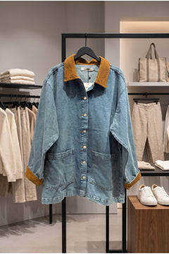Kadın Oversize Kot Ceket Kahverengi Kadife Yaka Detaylı Cepli Uzun Denim Ceket - Mavi
