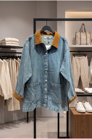 Kadın Oversize Kot Ceket Kahverengi Kadife Yaka Detaylı Cepli Uzun Denim Ceket - Mavi