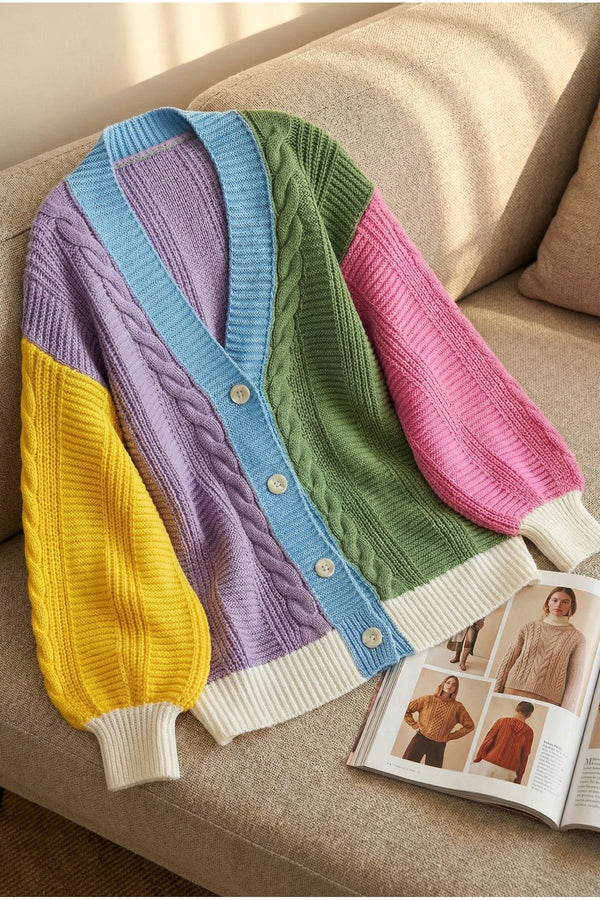 Çok Renkli Salaş Oversize Örme Triko Hırka - Standart Beden - Çağla