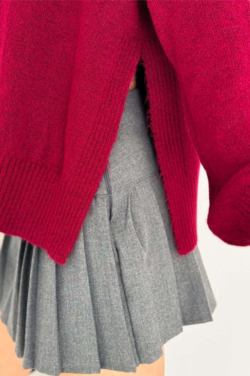 Yanı Yırtmaçlı Düğmeli Oversize Triko Hırka Standart Beden - Bordo