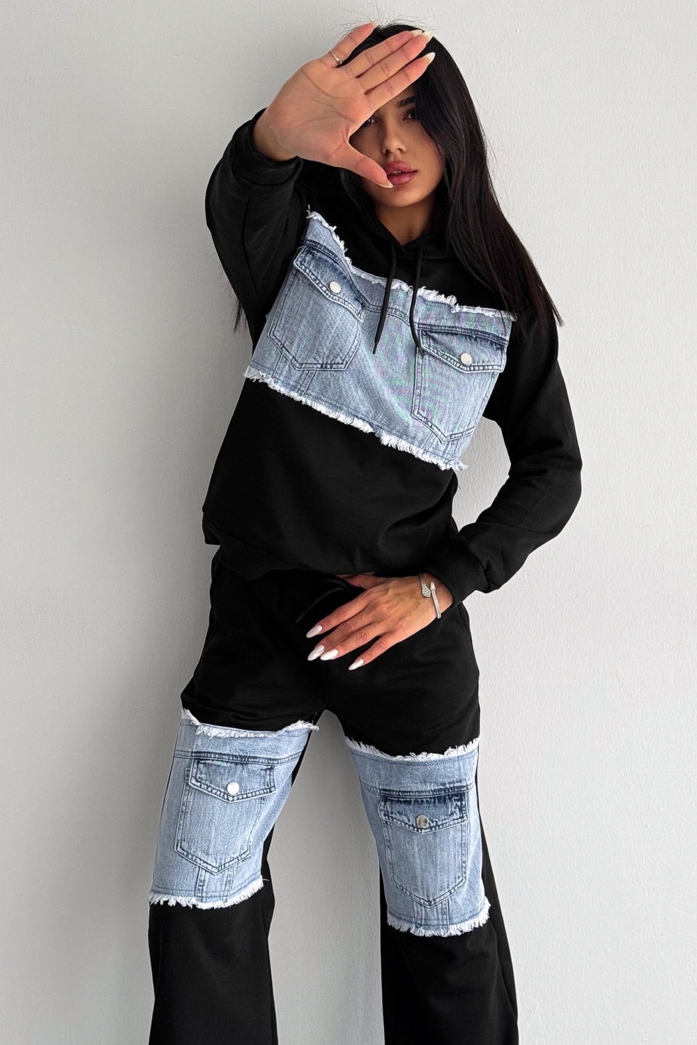 Denim Kot Garnili Cep Detaylı Kapüşonlu Alt-Üst Takım - Siyah