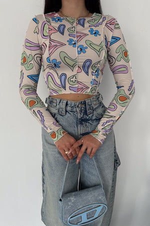 Kadın Desenli Crop Bluz - Krem