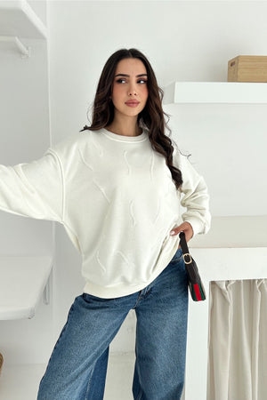 Kadın Boncuk İşlemeli %100 Pamuk Sweatshirt - Beyaz