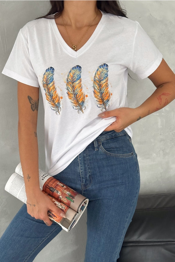 Kadın V Yaka 3 Tüy Pul Payet İşlemeli %100 Pamuk T-Shirt - Beyaz