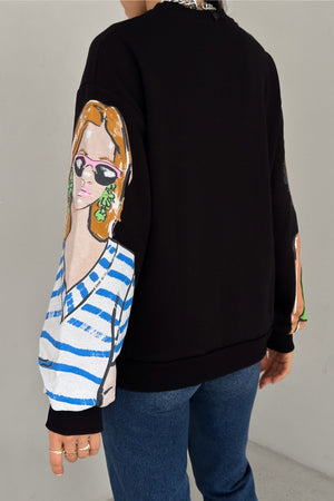 Kadın 3 İplik Şardonlu Baskılı Oversize Pamuk Sweatshirt - Siyah