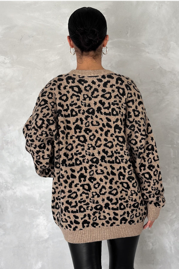 Kadın Leopar Desen Oversize Triko Hırka - Kahverengi