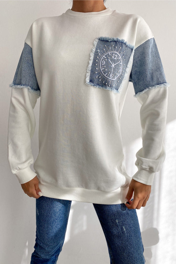 Kadın Kot Detaylı Taş İşlemeli Pamuklu Sweatshirt - Ekru