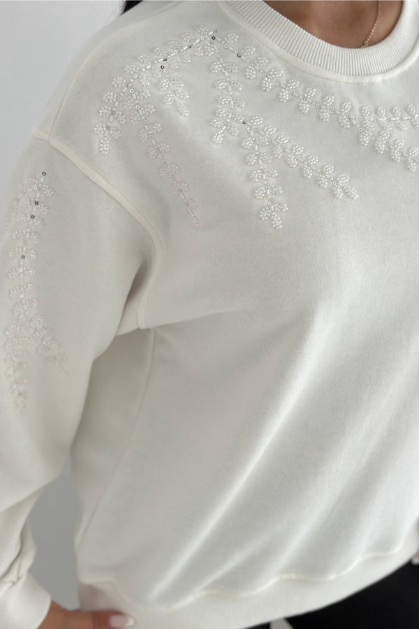 Boncuk Ve Pul İşlemeli %100 Pamuk Sweatshirt - Beyaz