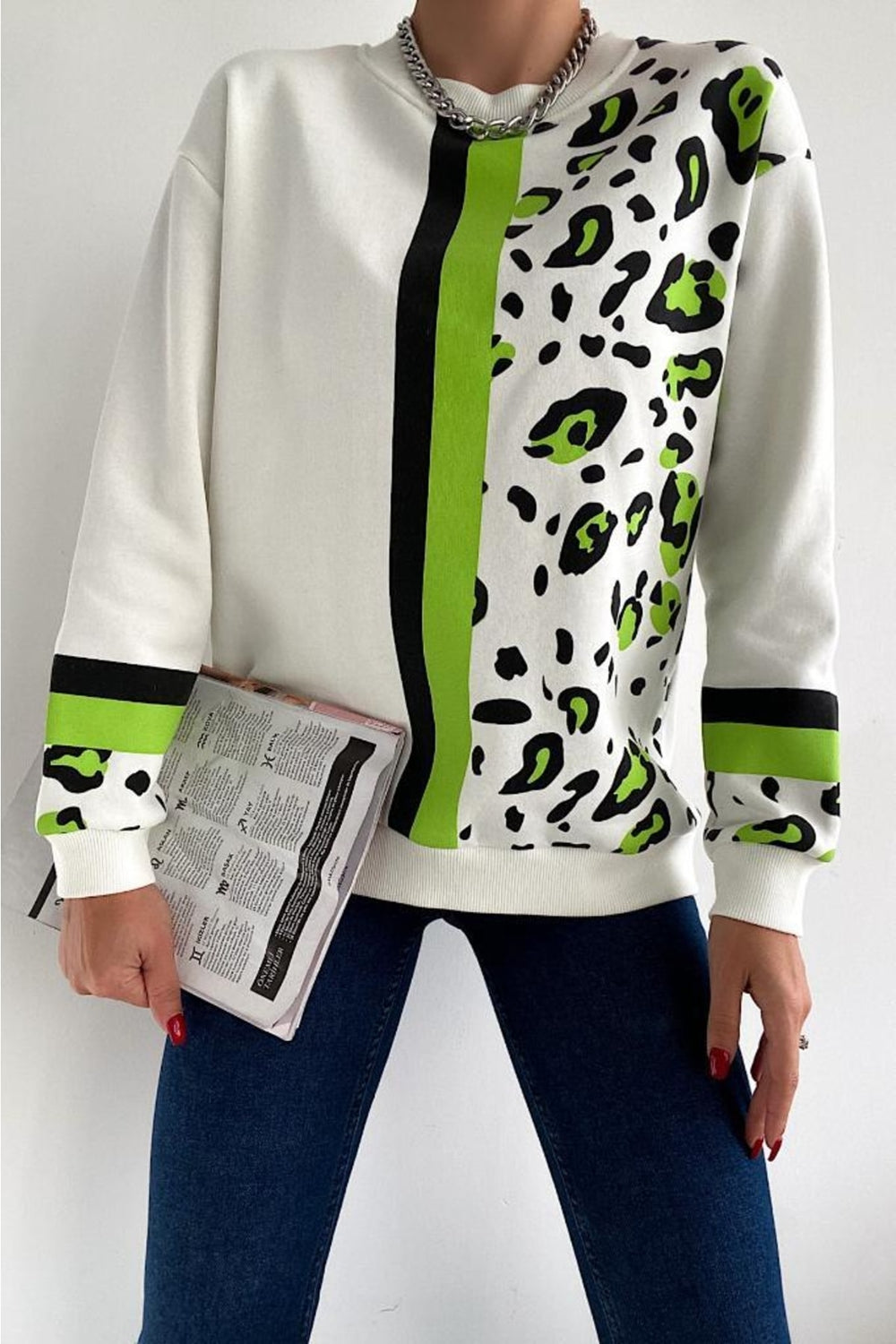 Kadın Leopar Desen Pamuk Sweatshirt - Beyaz