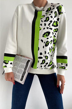Kadın Leopar Desen Pamuk Sweatshirt - Beyaz
