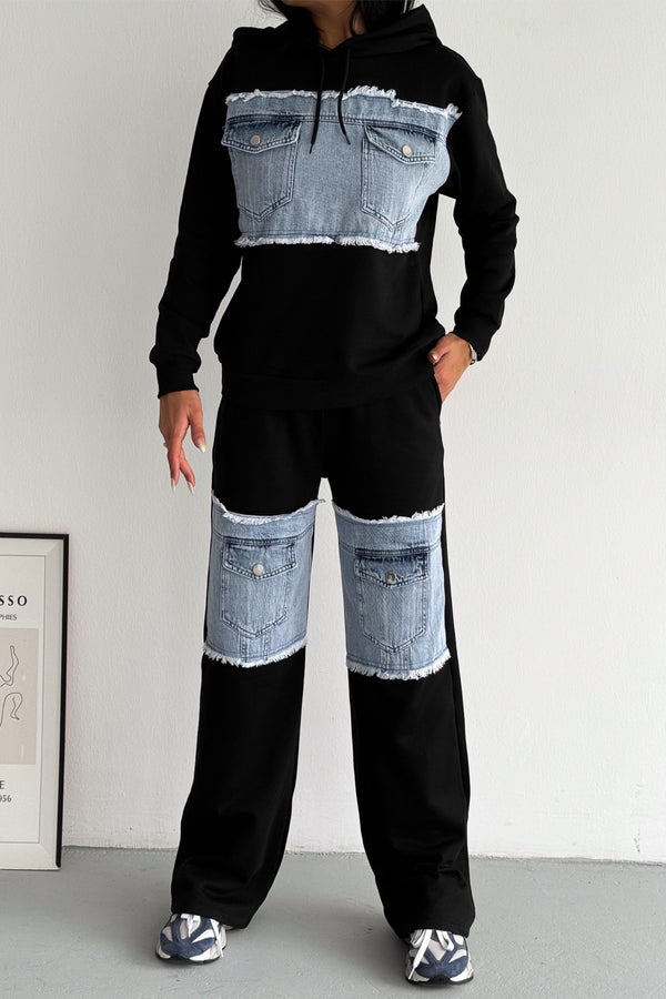 Denim Kot Garnili Cep Detaylı Kapüşonlu Alt-Üst Takım - Siyah