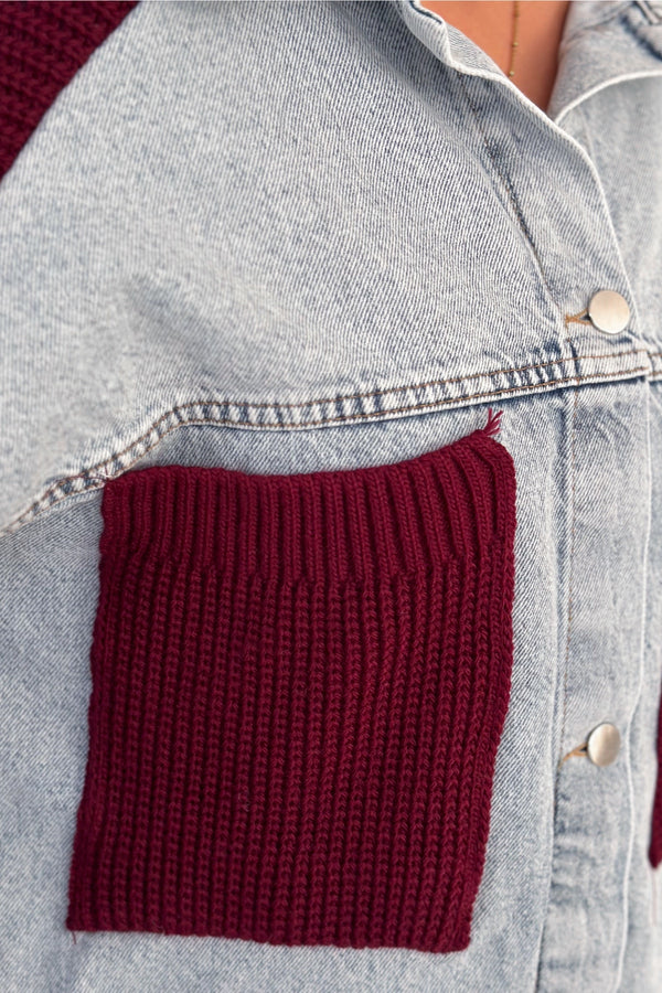 Kadın Kolları Ve Cebi Trikolu Oversize Denim Kot Garnili Hırka - Bordo