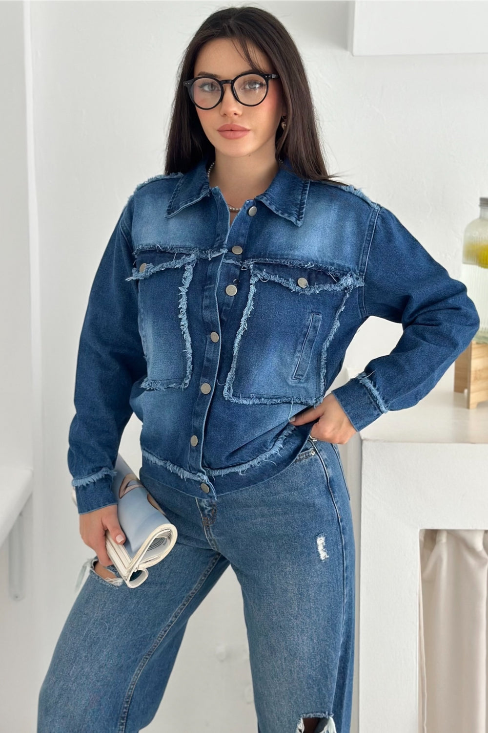 Kadın Saçaklı Dikiş Detaylı Oversize Denim Kot Ceket - Mavi