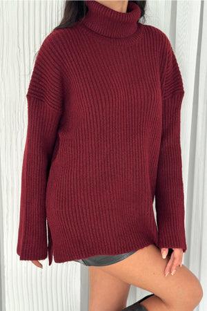 Kadın Standart Beden Basic Boğazlı Oversize Triko Kazak - Bordo
