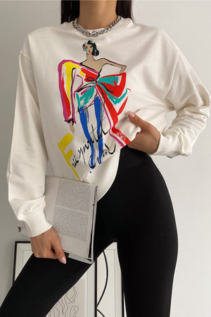 Kadın Yeni Sezon Baskılı İçi Pamuklu Sweatshirt - Beyaz