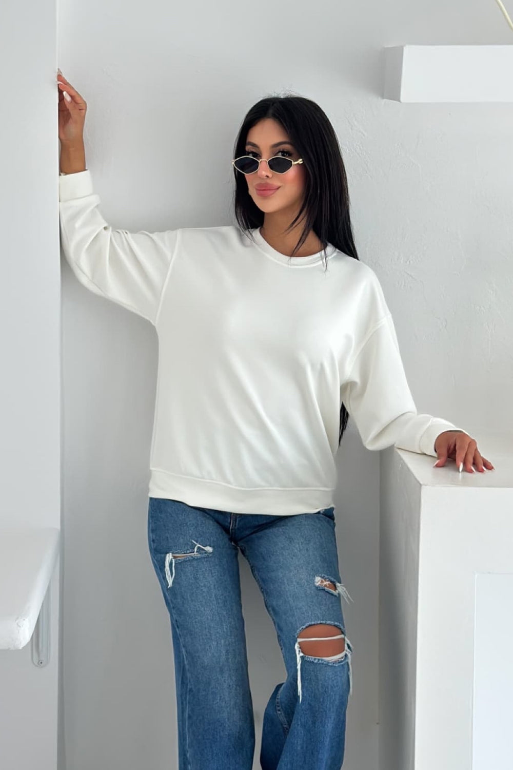 Modal Kumaş Basic Sweatshirt - Beyaz