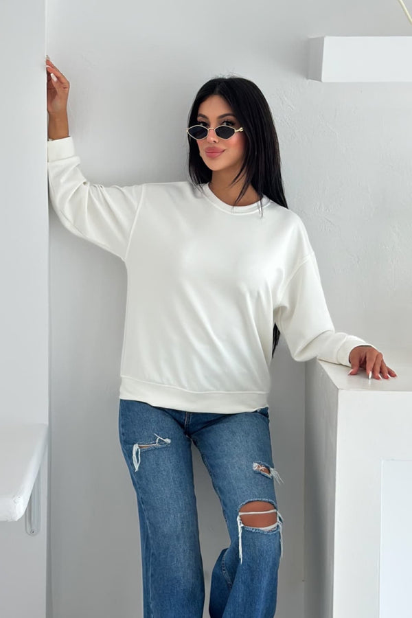 Modal Kumaş Basic Sweatshirt - Beyaz