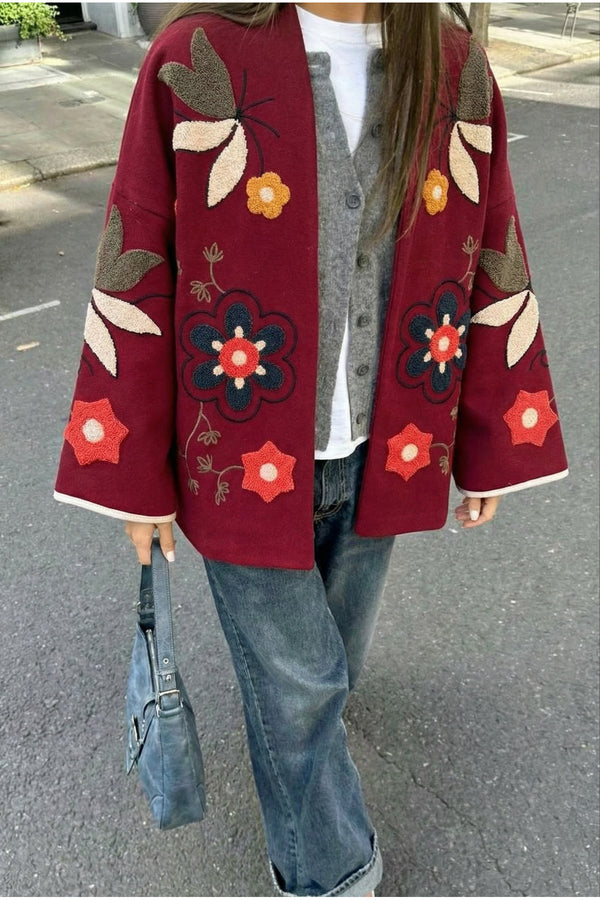 Nakış İşlemeli Vintage Kaşe Ceket - Bordo