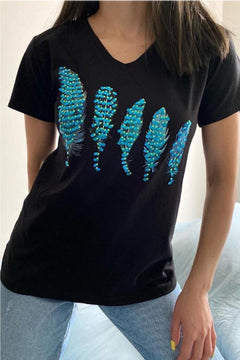 Kadın V Yaka Tüy Desen Pullu T-shirt - Siyah
