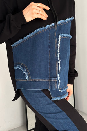 Denim Kot Garnili Kapüşonlu Eşofman Takımı - Siyah