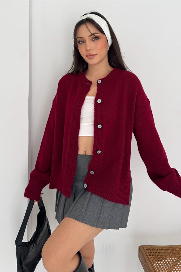 Yanı Yırtmaçlı Düğmeli Oversize Triko Hırka Standart Beden - Bordo