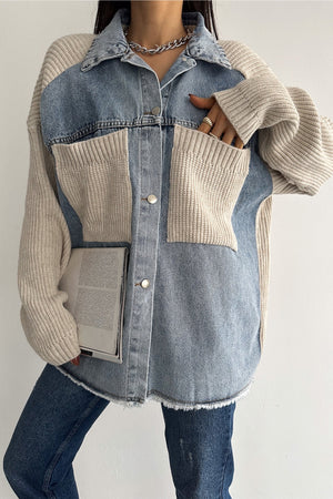 Kadın Kolları Ve Cebi Trikolu Oversize Denim Kot Garnili Hırka - Bej