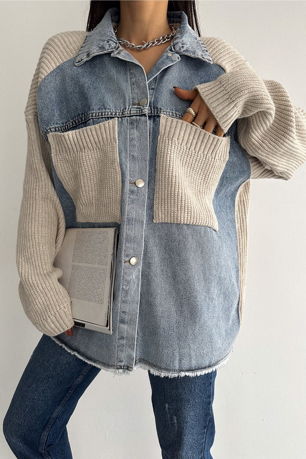 Kadın Kolları Ve Cebi Trikolu Oversize Denim Kot Garnili Hırka - Bej