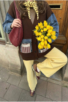 Kadın Kot Cepli Kilim Desen Kolları Kot Oversize Düğmeli %100 Pamuk Triko Hırka - Kahverengi
