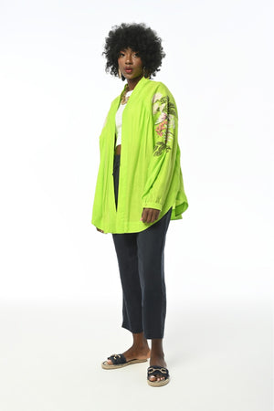 Kadın Sırtı Ve Kolları Çiçek Nakış İşlemeli Standart Beden Oversize Kimono Ceket - Sarı