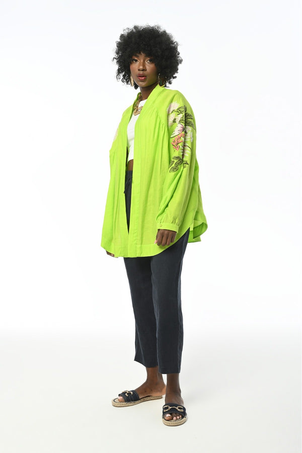 Kadın Sırtı Ve Kolları Çiçek Nakış İşlemeli Standart Beden Oversize Kimono Ceket - Sarı