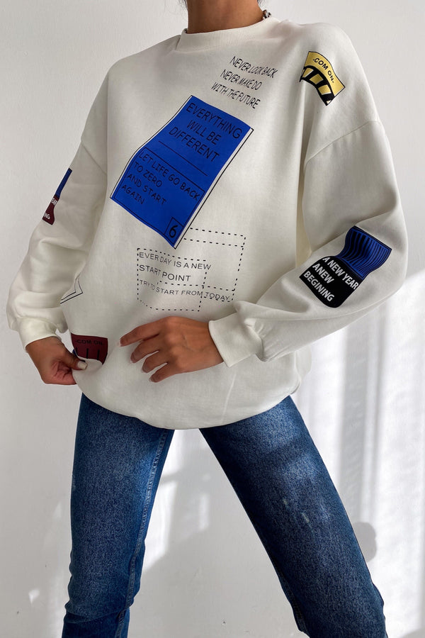 Kadın Düşük Omuz 3 İplik Şardonlu Oversize Pamuk Sweatshirt - Beyaz