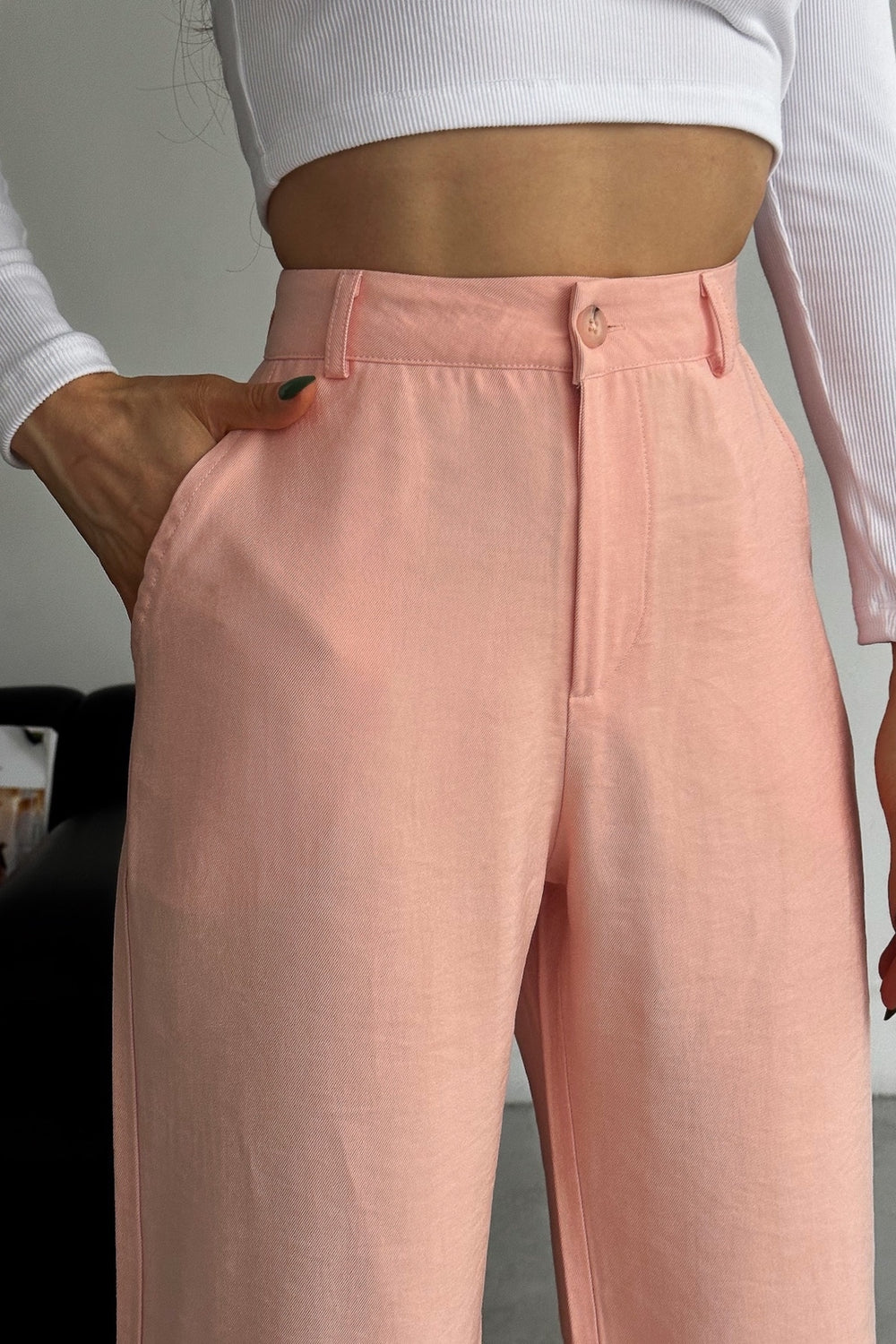 Kadın Pudra Yeni Sezon Modal Kumaş Bol Paça Yüksek Bel Pantolon - Pembe