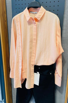 Kadın Düğmeli %75 Pamuk %25 Keten Oversize Gömlek ( 1 Beden Ufak Tercih Ediniz ) - Pudra