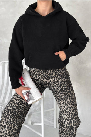 Kadın Standart Beden Kapüşonlu Peluş Triko Sweatshirt - Siyah