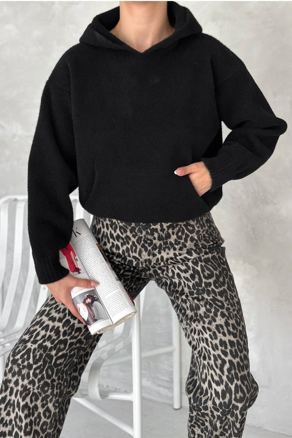 Kadın Standart Beden Kapüşonlu Peluş Triko Sweatshirt - Siyah