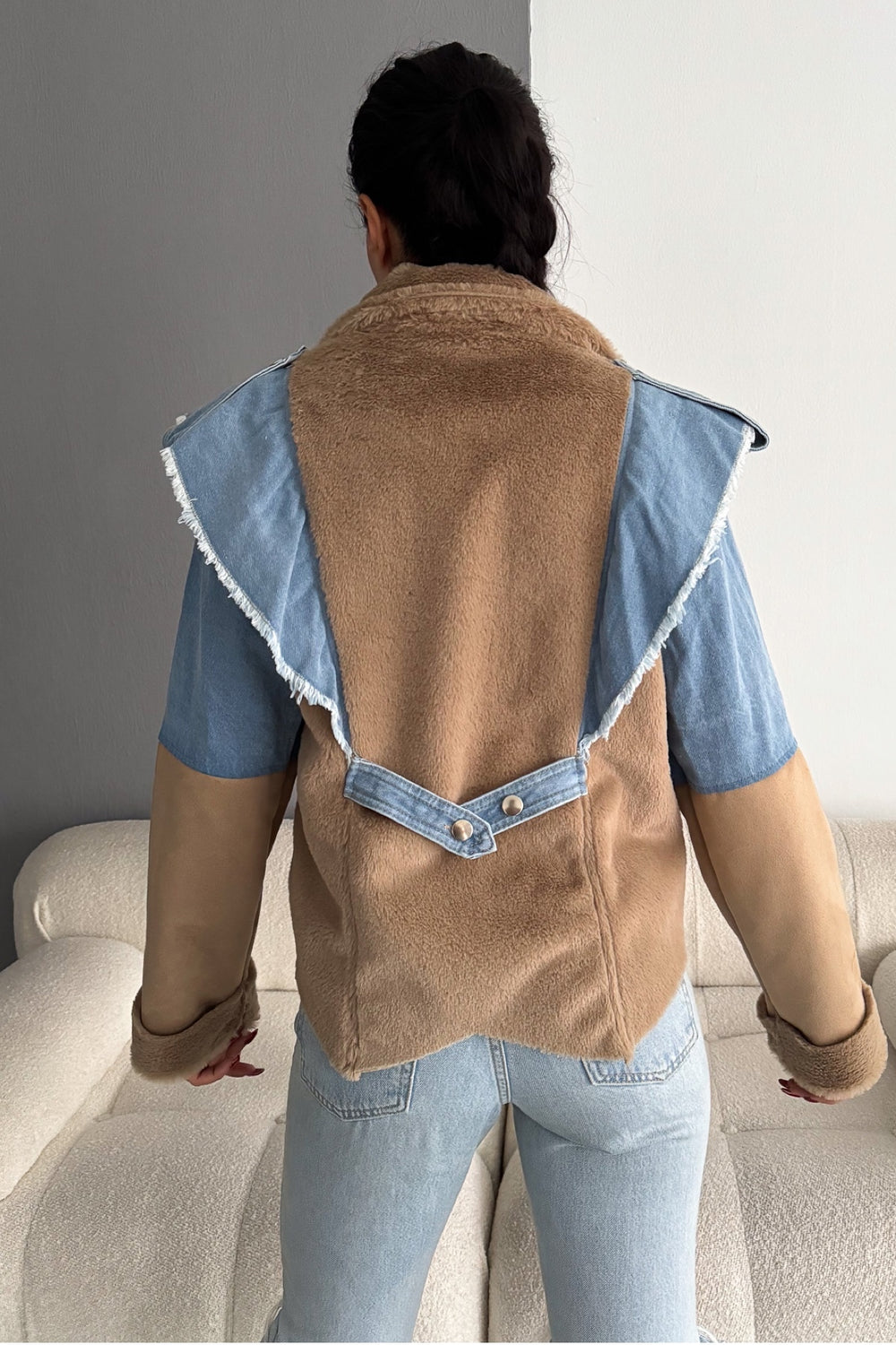 Kadın İçi Süet Denim Kot Detaylı Çıtçıt Düğmeli Mont - Bej