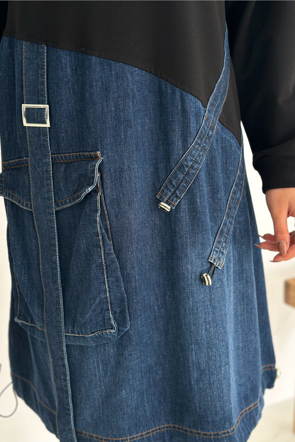 Kadın Sweat Denim Patchwork Elbise Oversize Cepli Büzgülü %100 Pamuk Spor Elbise - Lacivert