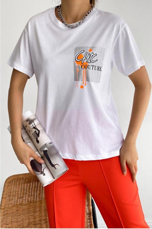 Kadın Bisiklet Yaka Chic Couture Yazılı Pamuk T-shirt - Beyaz
