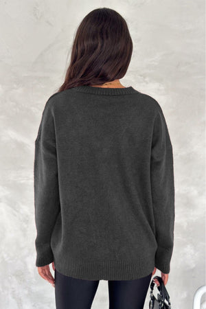Kadın V Yaka Standart Beden Oversize Basic Triko Kazak - Antrasit