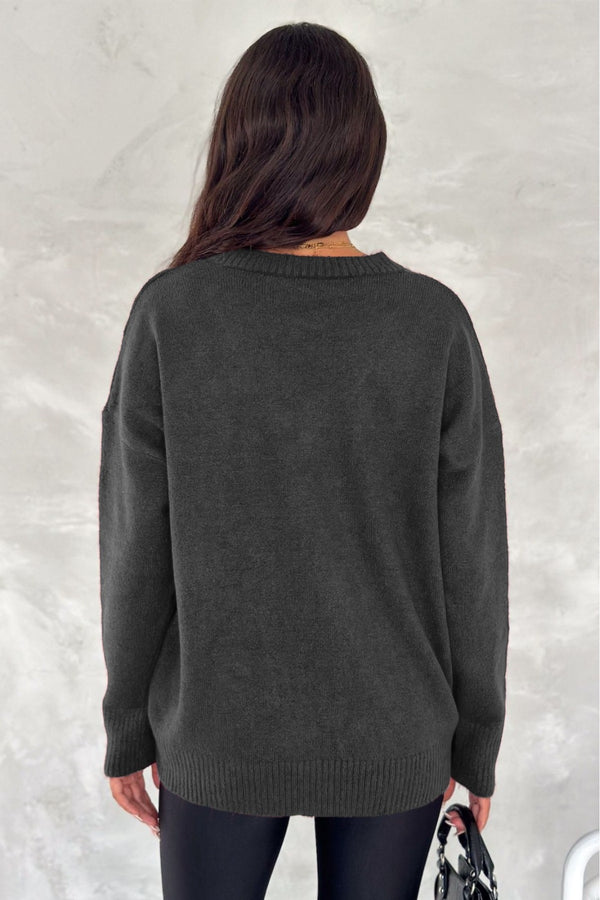 Kadın V Yaka Standart Beden Oversize Basic Triko Kazak - Antrasit
