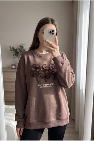 Nakış Ve Boncuk İşlemeli %100 Pamuk Sweatshirt - Kahverengi
