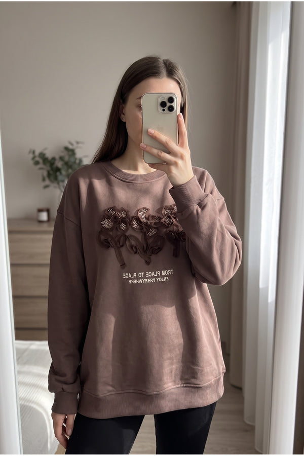 Nakış Ve Boncuk İşlemeli %100 Pamuk Sweatshirt - Kahverengi