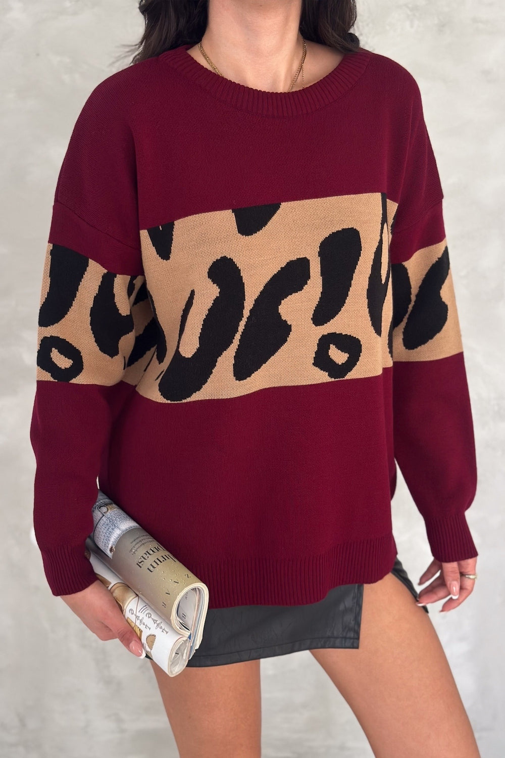 Kadın Standart Beden Leopar Desen Oversize Triko Kazak - Bordo