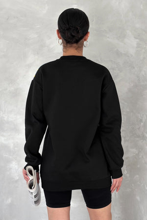 Kadın Beyaz Şardonlu Tasarım Kot Detaylı Sweatshirt - Siyah