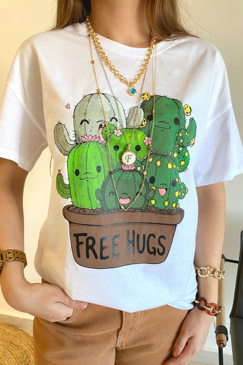 Kadın Kaktüs Baskılı Bisiklet Yaka T-shirt - Beyaz