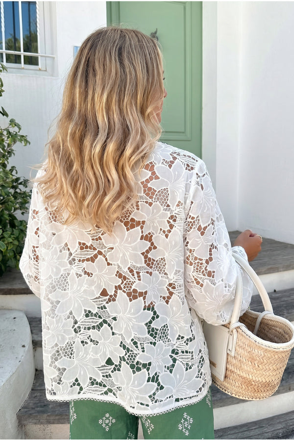 Kadın Çiçek Desenli Dantel Kimono Ceket - Beyaz